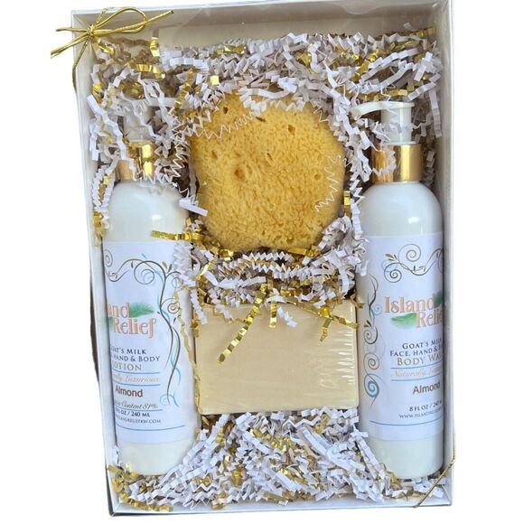 Island Relief Gift Set Goats Milk Lotion Body Wash Soap And Sponge - Almond NEW - Picture 1 of 9